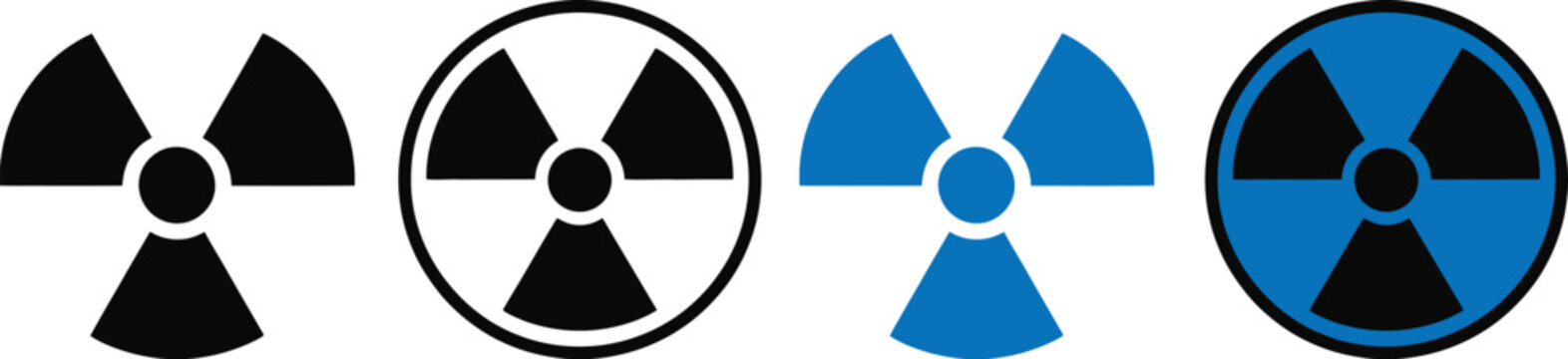A row of four radiation symbols in different colors and styles on a white background.