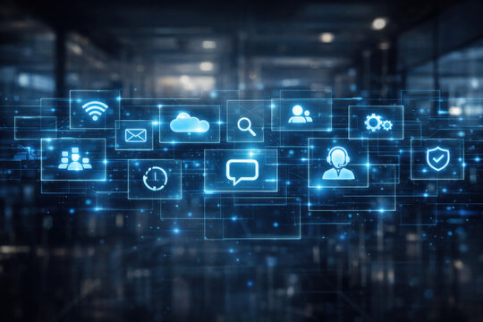 Holographic blue digital interface with connected security and analytics icons arranged in concentric circles above a dark office desk.
