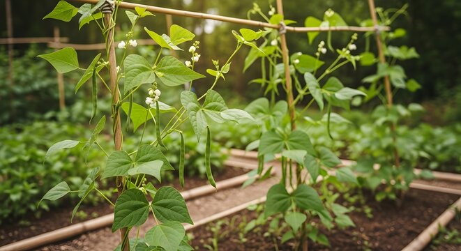 Lush green plants growing in a garden with a trellis system