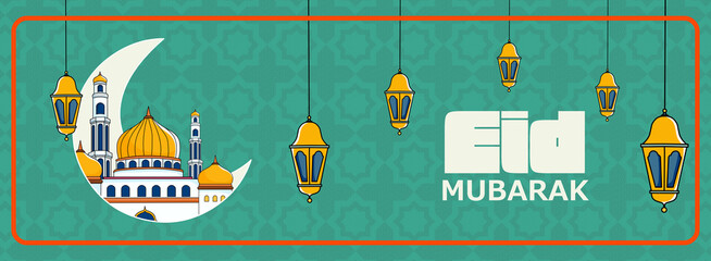 Obraz premium Festive Eid Mubarak Banner. Wide Eid Mubarak banner with mosque in crescent moon, hanging lanterns, and geometric pattern in teal gold, ideal for social media headers, web banners, and posters.