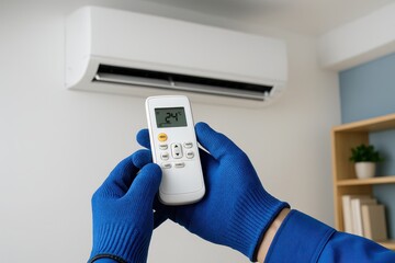 Close-up of a technician adjusting the air conditioner with a remote control, wearing blue protective gloves, indoor environment, modern design appliance, comfort setting.