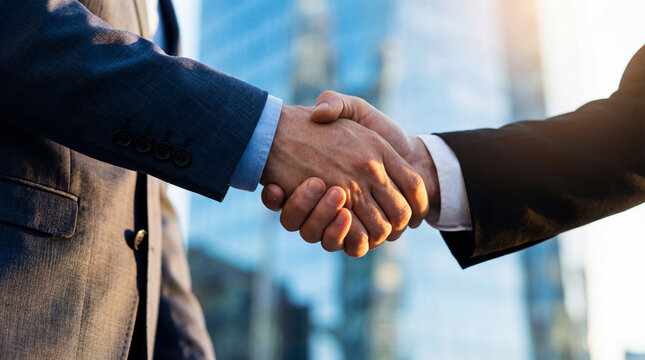 Businessmen in dark suits shaking hands outside a modern skyscraper during daytime.