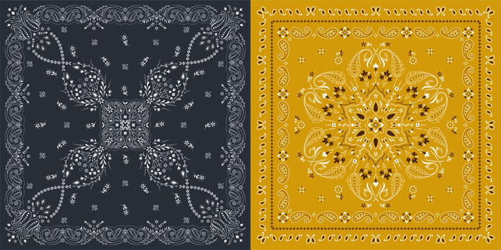 Set of bandanas with black and yellow paisley floral prints. Turkish, Persian cucumber, Ajrakh buta. Ethnic kerchief, tapis, rug, blanket.