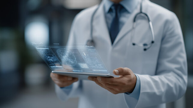 Glowing virtual graphs and wellness icons emphasize a future hospital where doctors use holograms and stethoscopes together for deeper patient understanding. cinematic color correction, natural