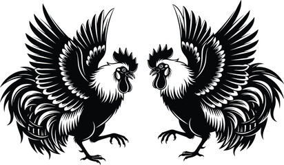 Detailed Black and White Vector Illustration of Two Roosters Facing Each Other with Wings Spread and Feathers Displayed for Traditional Farming and Poultry Design © Ziyarul