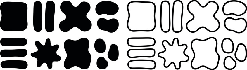 Obraz premium Collection of abstract organic blob shapes and rounded square elements in black and white outlines