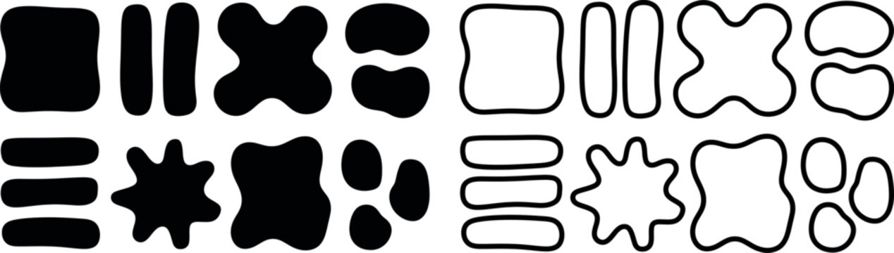 Collection of abstract organic blob shapes and rounded square elements in black and white outlines