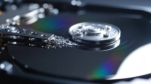 Close-up view of an open hard disk drive with spinning platters