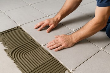 The hands of a professional tiler installing light gray ceramic tiles on a floor, using spacers to ensure uniform grout lines, showcasing renovation work.