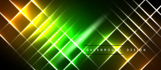 Obraz premium Abstract neon grid pattern. Vibrant green, yellow hues dominate dark background. Modern digital illustration, dynamic lines create visual interest.