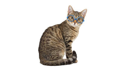 Obraz premium an adorable tabby kitten wearing blue glasses is presented on a transparent background, offering a versatile graphic element for design projects, with its direct gaze adding charm.