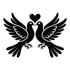 Obraz premium Two black doves facing each other with a heart between them
