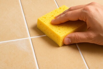 A human hand cleaning ceramic tiles with a bright yellow sponge, focusing on grout lines to remove dirt and grime, maintaining cleanliness and hygiene in the bathroom.