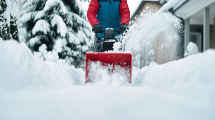 Man using snow blower clearing driveway, winter storm. Red machine throwing snow, residential property maintenance. Cold weather work, seasonal task, home care, outdoor equipment, heavy snowfall.
