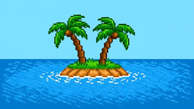 8 bit pixel art illustration of a small tropical island with two palm trees in the middle of a blue ocean under a clear sky.