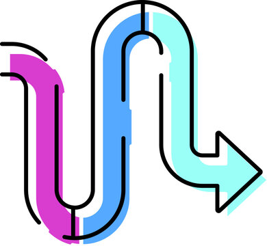 Winding arrow icon showing a complex, curvy path with multiple turns and changes, symbolizing navigation challenges, decision making, or an indirect journey toward a goal
