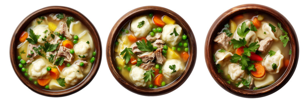 Hot meat pork soup with vegetables and doughboys dumplings in wooden bowl, isolated on white background, New Zealand cuisine