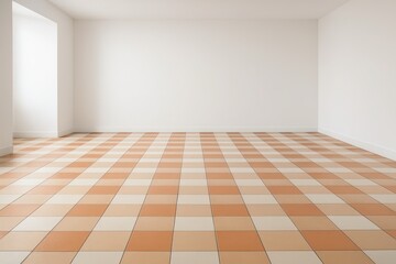 An empty room with checkered tile flooring and pristine white walls, bathed in soft light, creating a spacious and versatile interior ready for design or renovation.