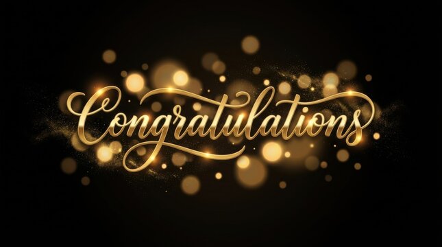 Golden congratulations text on black background with bokeh and glitter