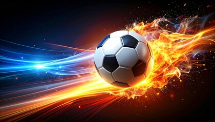 Fototapeta premium An abstract illustration of a spherical leather football engulfed in orange flames, isolated against a black background