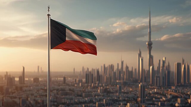 Kuwait Flag Above Modern Skyline at Sunset