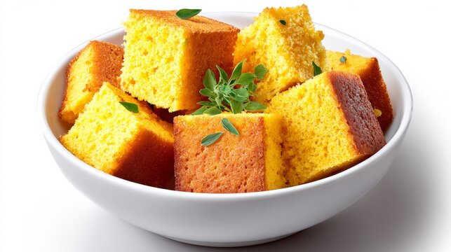 Bowl of golden cornbread chunks with a garnish of fresh herbs, viewed from above on a clean white background, featuring ample copy space for text or graphics
