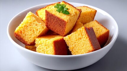 Bowl of golden cornbread chunks arranged neatly, viewed from above, with a sprig of parsley on top, set against a clean white background with ample copy space