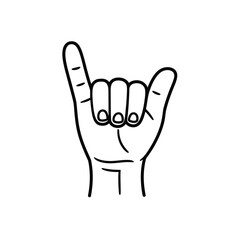 Fototapeta premium Simple black and white line drawing of a hand making a shaka sign