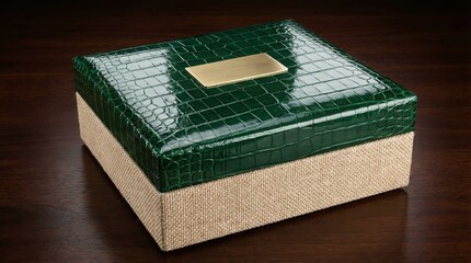 Obraz premium Green textured storage box mockup with blank label plate