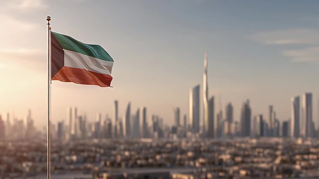 Kuwaiti National Flag Over City Skyline