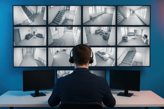 A security operator monitoring multiple surveillance screens displaying building interiors, enhancing property safety and proactive safety measures, using high-tech equipment.