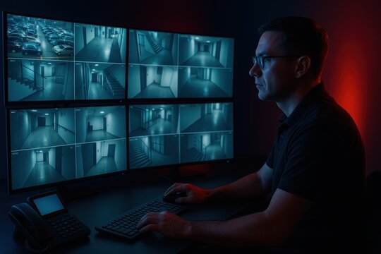 A focused security professional monitoring surveillance cameras displaying multiple feeds, showcasing security monitoring and control center, with digital safety features.