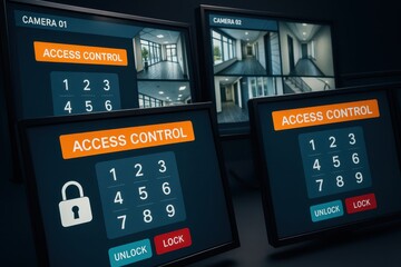 Modern security system showcasing access control panels and surveillance cameras, emphasizing security measures and data protection, with a focus on facility safety.