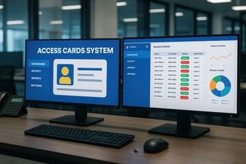 Naklejka premium Two computer screens displaying an access card system interface with dashboard, reports, settings and access events, with keyboard and mouse on a wooden desk.