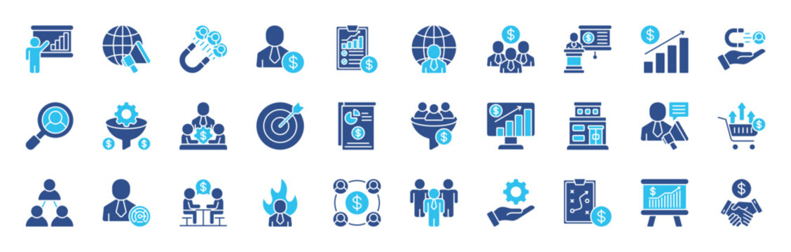 Sales team color style editable icon set Collection. Containing salesperson, marketing, prospect, conversion, sales report, funnel, lead generation, and more. EPS 10