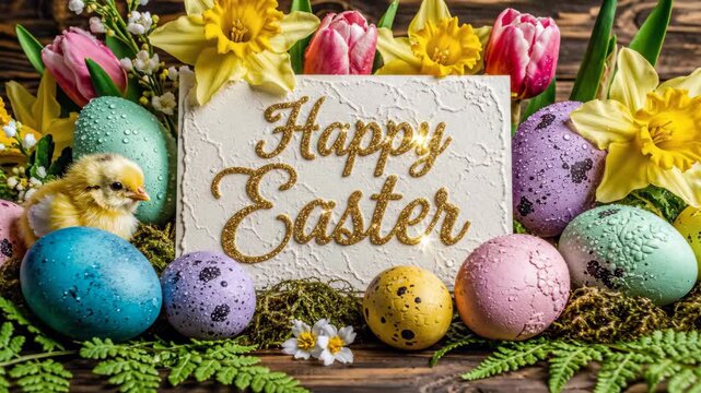 Colorful Easter eggs, chick, flowers, and Happy Easter sign on wood