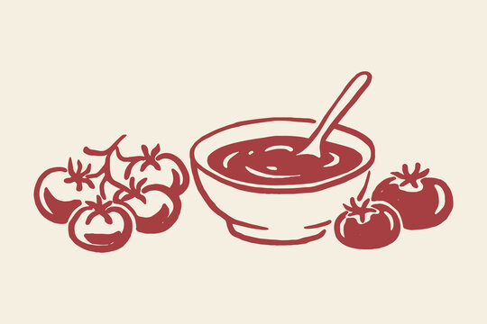 Tomato sauce bowl with tomatoes doodle vector illustration