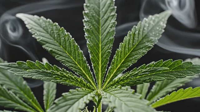 Lush green cbis leaf covered in glistening water droplets