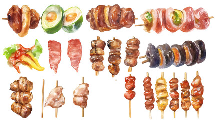 Assorted grilled skewers watercolor set: bacon-wrapped bites, vegetable and meat yakitori, sausages, and colorful kabobs isolated on transparent background.