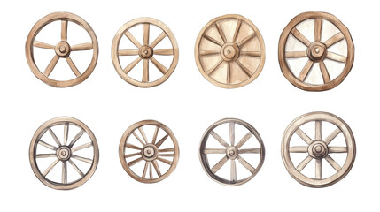Fototapeta premium Set of six rustic wooden wagon wheels, hand-painted watercolor style, isolated on transparent background in a grid layout.