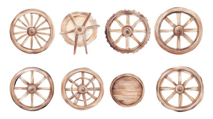 Fototapeta premium Set of six rustic wooden wagon wheels, hand-painted watercolor style, isolated on transparent background in a grid layout.