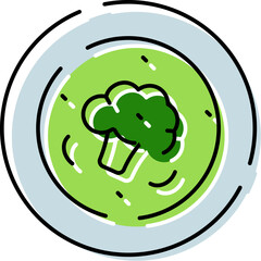 Broccoli cream soup in a bowl, minimal line art illustration conveying healthy, fresh vegetable ingredients, nutritious meal and vegan friendly comfort food for menus and wellness projects © vectorwin