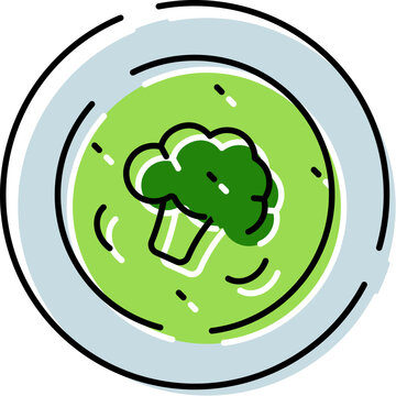 Broccoli cream soup in a bowl, minimal line art illustration conveying healthy, fresh vegetable ingredients, nutritious meal and vegan friendly comfort food for menus and wellness projects
