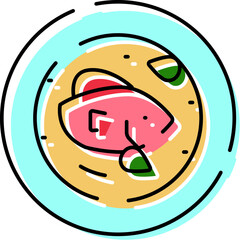 Obraz premium Warm fish soup with whole fish, green herbs and noodles in a blue rimmed bowl, illustrated vector style for menu, recipe or culinary concept, cozy seafood meal depiction
