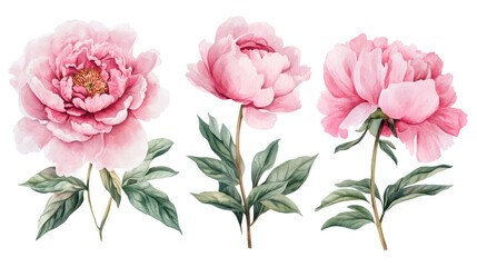 Fototapeta premium Watercolor pink peony elements: blooms, buds, leaves, isolated on transparent background, botanical illustration