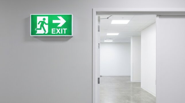 Green exit sign with person running and arrow on a white wall above open door