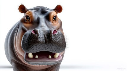 Obraz premium Funny hippopotamus with a big smile and large teeth on a white background, ultra-photorealistic image with ample copy space on the left side for text or graphics