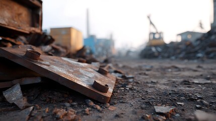 Fototapeta premium Rusty scrap metal pile in a desolate industrial junkyard with distant hinery under a hazy sky