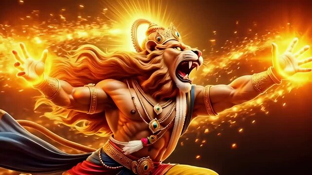 Narasimha fierce avatar of vishnu glowing divine lion face warrior for hindu religion festival culture devotion banner poster background and commercial video use