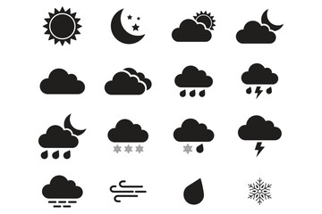 Weather forecast icon set. Rainy, storm, snow, cloudy, sunny, windy, day, night, summer, winter, line, label, collection, logo, symbol, flat vector, isolated illustration